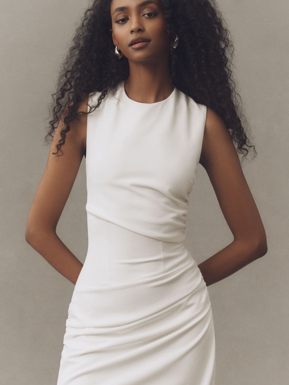 BHLDN Sleeveless Cream Ruched Sheath Dress